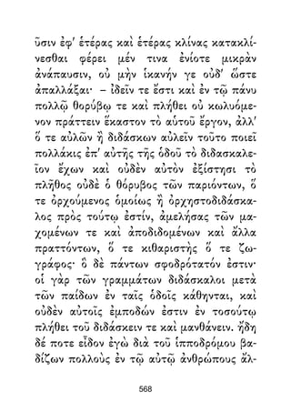 ῦσιν ἐφ' ἑτέρας καὶ ἑτέρας κλίνας κατακλί-
νεσθαι φέρει μέν τινα ἐνίοτε μικρὰν
ἀνάπαυσιν, οὐ μὴν ἱκανήν γε οὐδ' ὥστε
ἀπαλλάξαι· – ἰδεῖν τε ἔστι καὶ ἐν τῷ πάνυ
πολλῷ θορύβῳ τε καὶ πλήθει οὐ κωλυόμε-
νον πράττειν ἕκαστον τὸ αὑτοῦ ἔργον, ἀλλ'
ὅ τε αὐλῶν ἢ διδάσκων αὐλεῖν τοῦτο ποιεῖ
πολλάκις ἐπ' αὐτῆς τῆς ὁδοῦ τὸ διδασκαλε-
ῖον ἔχων καὶ οὐδὲν αὐτὸν ἐξίστησι τὸ
πλῆθος οὐδὲ ὁ θόρυβος τῶν παριόντων, ὅ
τε ὀρχούμενος ὁμοίως ἢ ὀρχηστοδιδάσκα-
λος πρὸς τούτῳ ἐστίν, ἀμελήσας τῶν μα-
χομένων τε καὶ ἀποδιδομένων καὶ ἄλλα
πραττόντων, ὅ τε κιθαριστὴς ὅ τε ζω-
γράφος· ὃ δὲ πάντων σφοδρότατόν ἐστιν·
οἱ γὰρ τῶν γραμμάτων διδάσκαλοι μετὰ
τῶν παίδων ἐν ταῖς ὁδοῖς κάθηνται, καὶ
οὐδὲν αὐτοῖς ἐμποδών ἐστιν ἐν τοσούτῳ
πλήθει τοῦ διδάσκειν τε καὶ μανθάνειν. ἤδη
δέ ποτε εἶδον ἐγὼ διὰ τοῦ ἱπποδρόμου βα-
δίζων πολλοὺς ἐν τῷ αὐτῷ ἀνθρώπους ἄλ-
568
 