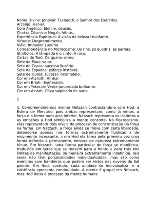 Nome Divino: Jehovah Tzabaoth, o Senhor dos Exércitos.
Arcanjo: Haniel.
Coro Angélico: Elohim, deuses.
Chakra Cósmico: Nogah, Vênus.
Experiência Espiritual: A visão da beleza triunfante.
Virtude: Desprendimento.
Viéio: Impudor. Luxúria.
Correspondência no Microcosmo: Os rins, os quadris, as pernas.
Stmholos: A lâmpada e o cinto. A rosa.
Cartas do Tarô: Os quatro setes:
Sete de Paus: valor;
Sete de Copas: sucesso ilusório;
Sete de Espadas: esforço instável;
Sete de Ouros: sucesso incompleto.
Cor em Atziluth: Ambar.
Cor em Briah: -Esmeralda.
Cor em Yetzirah: Verde-amarelado brilhante.
Cor em Assiah: Oliva salpicado de ouro.
1
1. Compreenderemos melhor Netzach contrastando-a com Hod, a
Esfera de Mercúrio, pois ambas representam, como já vimos, a
força e a forma num arco inferior. Netzach representa os instintos a
as emoções a Hod simboliza a mente concreta. No Macrocosmo,
elas representam dois níveis do processo de concretização da força
na forma. Em Netzach, a força ainda se move com certa liberdade,
detendo-se apenas nas formas extremamente fluídicas a de
movimento incessante, a em Hod ela toma pela primeira vez uma
forma defmida a permanente, embora de natureza extremamente
tênue. Em Netzach, uma forma particular de força se manifesta,
traduzida em seres que se movem para a frente a para trás nos
limites da manifestação, de maneira extremamente indefinida. Tais
seres não têm personalidades individualizadas, mas são como
exércitos com bandeiras que podem ser vistos nas nuvens do Sol
poente. Em Hod, contudo, cada unidade se individualiza, e a
existência apresenta continuidade. A mente é grupal em Netzach,
mas Hod inicia o processo da mente humana.
 