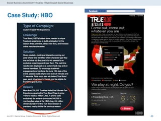 Social Business Summit 2011 Sydney | High-Impact Social Business




Case Study: HBO




(cc) 2011 Dachis Group. Creative Commons. Some Rights Reserved.    20
 