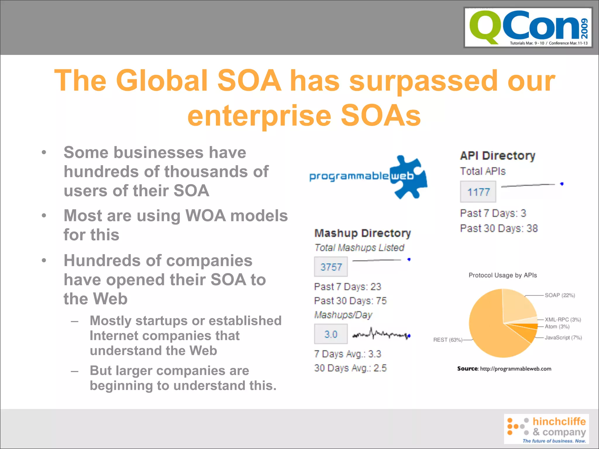 The Global SOA has surpassed our
            enterprise SOAs
•   Some businesses have
    hundreds of thousands of
    users of their SOA
•   Most are using WOA models
    for this
•   Hundreds of companies
    have opened their SOA to
    the Web
     – Mostly startups or established
       Internet companies that
       understand the Web
     – But larger companies are
       beginning to understand this.
 