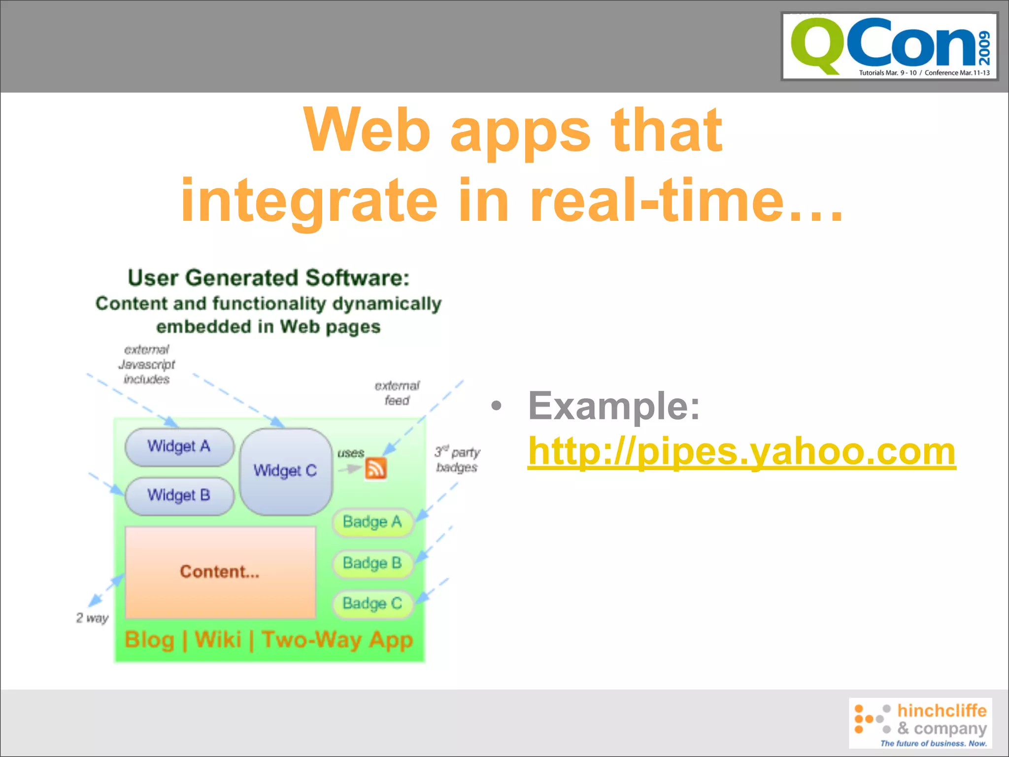 Web apps that
integrate in real-time…


          • Example:
            http://pipes.yahoo.com
 