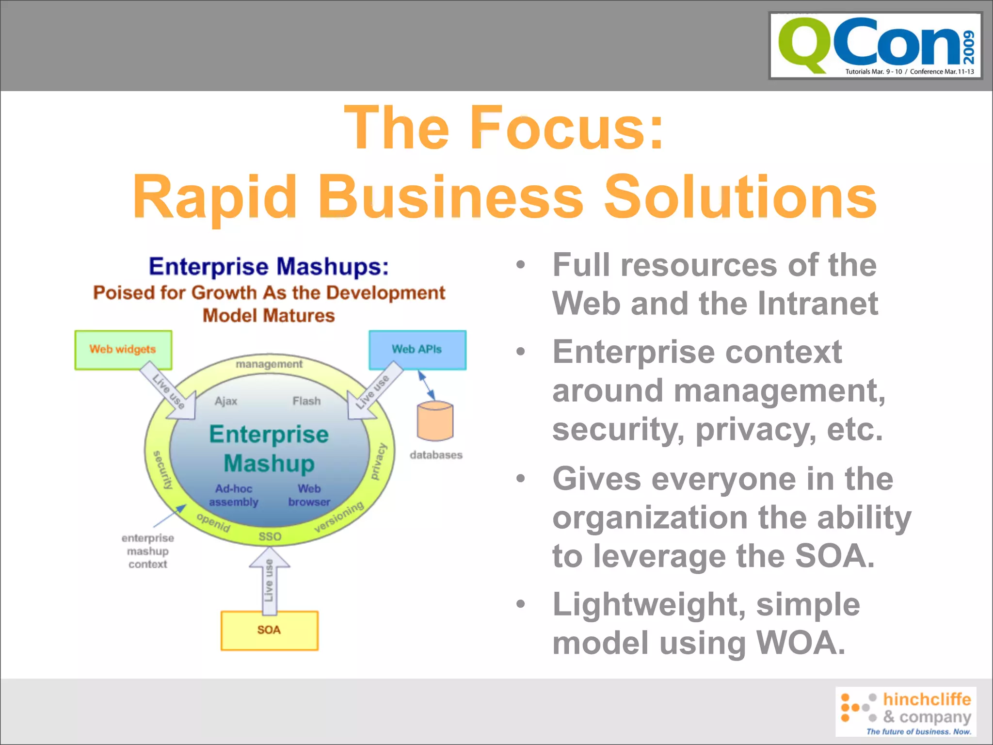 The Focus:
Rapid Business Solutions
            • Full resources of the
              Web and the Intranet
            • Enterprise context
              around management,
              security, privacy, etc.
            • Gives everyone in the
              organization the ability
              to leverage the SOA.
            • Lightweight, simple
              model using WOA.
 