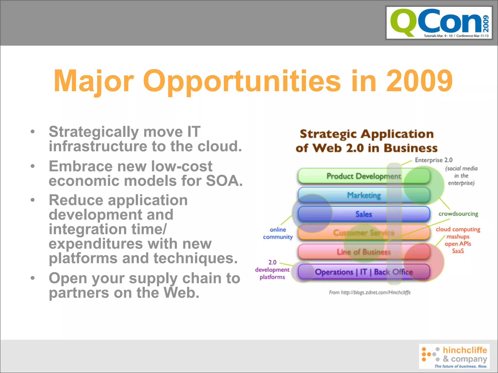 Major Opportunities in 2009
• Strategically move IT
  infrastructure to the cloud.
• Embrace new low-cost
  economic models for SOA.
• Reduce application
  development and
  integration time/
  expenditures with new
  platforms and techniques.
• Open your supply chain to
  partners on the Web.
 