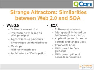 Strange Attractors: Similarities
      between Web 2.0 and SOA
• Web 2.0                       • SOA
  – Software as a service           – Software as services
  – Interoperability based on       – Interoperability based on
    Web principles                    heavyweight standards
  – Applications as platforms       – Applications as platforms
  – Encourages unintended uses      – Permits unintended uses
  – Mashups                         – Composite Apps
                                    – Little user interface
  – Rich user interfaces              guidance
  – Architecture of Participation   – Little prescription of
                                      network participation
 