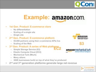 Example: Amazon
•   1st Gen. Product: E-commerce store
     – No differentiation
     – Scaling of a single site
     – Single site
•   2nd Gen. Product: E-commerce platform
     – 55,000 partners using their e-commerce APIs live
     – Scaling of the Web                                         S3
•   3rd   Gen. Product: A series of Web platforms
     –    Simple Storage Service (S3)             EC2
     –    Elastic Compute Cloud (EC2)
     –    Mechanical Turk (Mturk)
     –    Many others
     –    300K businesses build on top of what they’ve produced
•   2nd and 3rd generation platforms generate large net revenue
 