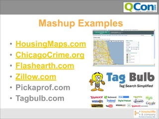 Mashup Examples

•   HousingMaps.com
•   ChicagoCrime.org
•   Flashearth.com
•   Zillow.com
•   Pickaprof.com
•   Tagbulb.com
 