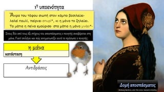 1η υποενότητα
Αντιδράσεις
η μάνα
κατάσταση
Στους δύο από τους έξι στίχους του αποσπάσματος ο ποιητής αναφέρεται στη
μάνα. Γιατί επιλέγει και πώς αντιμετωπίζει αυτό το πρόσωπο ο ποιητής;
 