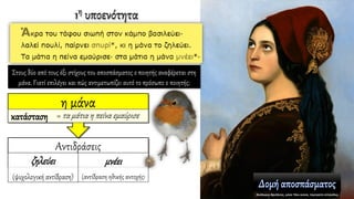 1η υποενότητα
Αντιδράσεις
ζηλεύει
(ψυχολογική αντίδραση)
μνέει
(αντίδραση ηθικής αντοχής)
η μάνα
κατάσταση = τα μάτια η πείνα εμαύρισε
Στους δύο από τους έξι στίχους του αποσπάσματος ο ποιητής αναφέρεται στη
μάνα. Γιατί επιλέγει και πώς αντιμετωπίζει αυτό το πρόσωπο ο ποιητής;
 