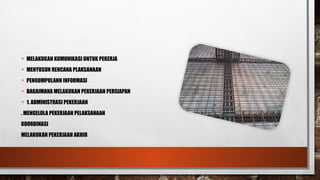 • MELAKUKAN KUMUNIKASI UNTUK PEKERJA
• MENYUSUN RENCANA PLAKSANAAN
• PENGUMPULANN INFORMASI
• BAGAIMANA MELAKUKAN PEKERJAAN PERSIAPAN
• 1. ADMINISTRASI PEKERJAAN
. MENGELOLA PEKERJAAN PELAKSANAAN
KOORDINASI
MELAKUKAN PEKERJAAN AKHIR
 
