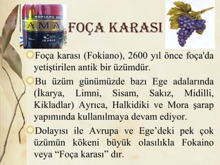 FOÇA KARAsI
Foça karası (Fokiano), 2600 yıl önce foça'da
yetiştirilen antik bir üzümdür.
Bu üzüm günümüzde bazı Ege adalarında
(İkarya, Limni, Sisam, Sakız, Midilli,
Kikladlar) Ayrıca, Halkidiki ve Mora şarap
yapımında kullanılmaya devam ediyor.
Dolayısı ile Avrupa ve Ege’deki pek çok
üzümün kökeni büyük olasılıkla Fokaino
veya “Foça karası” dır.
 