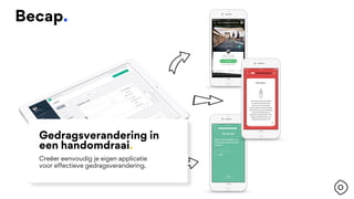 Becap.
Creëer eenvoudig je eigen applicatie
voor effectieve gedragsverandering.
Gedragsverandering in
een handomdraai.
 