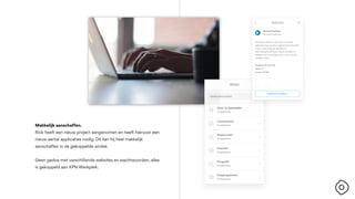 Makkelijk aanschaffen.
Rick heeft een nieuw project aangenomen en heeft hiervoor een
nieuw aantal applicaties nodig. Dit kan hij heel makkelijk
aanschaffen in de gekoppelde winkel.
Geen gedoe met verschillende websites en wachtwoorden, alles
is gekoppeld aan KPN Werkplek.
 