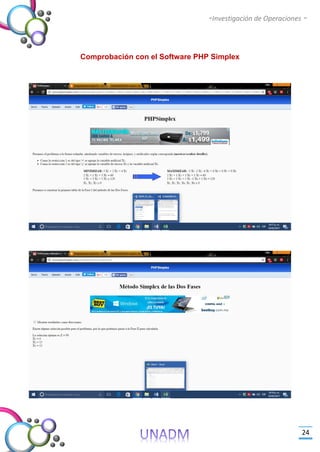 -Investigación de Operaciones -
24
Comprobación con el Software PHP Simplex
 