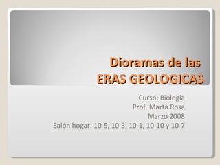 Dioramas de las  ERAS GEOLOGICAS Curso: Biología Prof. Marta Rosa Marzo 2008 Salón hogar: 10-5, 10-3, 10-1, 10-10 y 10-7 