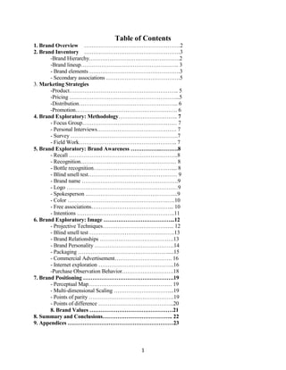 Table of Contents
1. Brand Overview …………………………………………….2
2. Brand Inventory …………………………………………….3
       -Brand Hierarchy………………………………………….2
       -Brand lineup…………………………………………….. 3
       - Brand elements ………………………………………….3
       - Secondary associations ………………………………….5
3. Marketing Strategies
       -Product………………………………………………….. 5
       -Pricing …………………………………………………...5
       -Distribution……………………………………………... 6
       -Promotion………………………………………………. 6
4. Brand Exploratory: Methodology………………………….. 7
       - Focus Group…………………………………………… 7
       - Personal Interviews……………………………………. 7
       - Survey ………………………………………………….7
       - Field Work…………………………………………….. 7
5. Brand Exploratory: Brand Awareness …………….……….8
       - Recall …………………………………………………..8
       - Recognition………………………………….………… 8
       - Bottle recognition…………………………………….... 8
       - Blind smell test………………………………………… 9
       - Brand name …………………………………………….9
       - Logo ……………………………………………………9
       - Spokesperson …………………………………………..9
       - Color ………………………………………………….10
       - Free associations……………………………………... 10
       - Intentions ……………………………………………..11
6. Brand Exploratory: Image ………………………………...12
       - Projective Techniques………………………………... 12
       - Blind smell test ……………………………………….13
       - Brand Relationships ………………………………….13
       - Brand Personality …………………………………….14
       - Packaging ………………………………………….....15
       - Commercial Advertisement…………………………. 16
       - Internet exploration …………………………………..16
       -Purchase Observation Behavior……………………….18
7. Brand Positioning ………………………………………….19
       - Perceptual Map……………………………………… 19
       - Multi-dimensional Scaling …………………………...19
       - Points of parity ……………………………………….19
       - Points of difference …………………………………..20
       8. Brand Values ………………………………………21
8. Summary and Conclusions……………………………….. 22
9. Appendices …………………………………………………23



                                    1
 