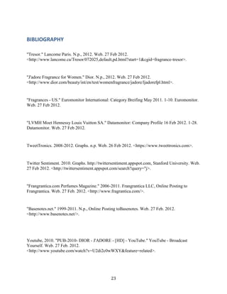 BIBLIOGRAPHY

"Tresor." Lancome Paris. N.p., 2012. Web. 27 Feb 2012.
<http://www.lancome.ca/Tresor/072025,default,pd.html?start=1&cgid=fragrance-tresor>.


"J'adore Fragrance for Women." Dior. N.p., 2012. Web. 27 Feb 2012.
<http://www.dior.com/beauty/int/en/test/womenfragrance/jadore/ljadorefpl.html>.


"Fragrances - US." Euromonitor International: Category Breifing May 2011. 1-10. Euromonitor.
Web. 27 Feb 2012.


"LVMH Moet Hennessy Louis Vuitton SA." Datamonitor: Company Profile 16 Feb 2012. 1-28.
Datamonitor. Web. 27 Feb 2012.


TweetTronics. 2008-2012. Graphs. n.p. Web. 26 Feb 2012. <https://www.tweettronics.com>.


Twitter Sentiment. 2010. Graphs. http://twittersentiment.appspot.com, Stanford University. Web.
27 Feb 2012. <http://twittersentiment.appspot.com/search?query="j>.


"Frangrantica.com Perfumes Magazine." 2006-2011. Frangrantica LLC, Online Posting to
Frangrantica. Web. 27 Feb. 2012. <http://www.fragrantica.com/>.


"Basenotes.net." 1999-2011. N.p., Online Posting toBasenotes. Web. 27 Feb. 2012.
<http://www.basenotes.net/>.




Youtube, 2010. "PUB-2010- DIOR - J'ADORE - [HD] - YouTube." YouTube - Broadcast
Yourself. Web. 27 Feb. 2012.
<http://www.youtube.com/watch?v=U2di2c0wWXY&feature=related>.




                                              23
 