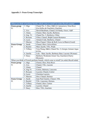 Appendix J - Focus Group Transcripts




When you think of perfume brands, which come to mind? (in order) Recall unaided
Focus group    1. Olga        Chanel No. 5, Dior, D&G (L’amoureux), Nina Ricci
1:                            (Les belles de Guerlain), Guerlain
               2. Ava         David Beckham, Chanel, Ed Hardy, Gucci, A&F
               3. Alana       Chanel, Marc Jacobs, Burberry
               4. Jing Yi     Chanel No. 5, Burberry, Chloe
               5. Roxane      Chloe, Chanel, Ralph Lauren Romance
               6. Lucie       Armani Code, Burberry, Chanel
               7. Marion      Miss Chanel, Viktor & Rolf, Love in Black (Creed)
Focus Group 1. Sarah          Chanel, Dior, Calvin Klein
2:             2. Rachel      Marc Jacobs, YSL, Prada
               3. Tiffany     Vera Wang, D&G, Chanel No. 5, Giorgio Armani Aqua
                              di Gio
               4. Janelle     Lola – Marc Jacobs, Burberry Beat, Lacoste (Woman)
               5. Stacy       Burberry Weekend, Green Tea, Guerlain (Cherry
                              Blossom)
When you think of French perfume brands, which come to mind? (in order) Recall aided
Focus group    1. Olga        Chanel, Dior, Nina Ricci
1:             2. Ava         Chanel, YSL, Lacoste
               3. Alana       Chanel
               4. Jing Yi     Cartier, Balmain, Lancome
               5. Roxane      Lacoste, Chanel, Cartier
               6. Lucie       Christine Lacroix,
               7. Marion      Dior, Chanel, Hermes
Focus Group 1. Sarah          Jean Paul Gautier, Chanel, YSL
2:             2. Rachel      YSL, Lancome, Hermes
               3. Tiffany     Chanel, Dior, Cartier
               4. Janelle     Lacoste, Chanel
               5. Stacy       Dior, YSL, Guerlain




                                            38
 