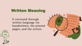 Written Meaning
It conveyed through
written language via
handwritten, the printed
pages, and the screen.
 