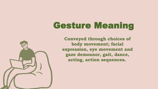 Gesture Meaning
Conveyed through choices of
body movement; facial
expression, eye movement and
gaze demeanor, gait, dance,
acting, action sequences.
 