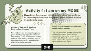 Activity 4: I am on my MODE
Group 1: Written & Spoken
Expression (Spoken Poetry)
You will create a short-spoken poetry
piece that highlights your written and
verbal skills. Your poem can be on any
topic of your choice, allowing you to
express your creativity and emotions
effectively through words
Group 2: Spatial & Visual Expression
(Paper Craft Creation)
You will be provided with a set of materials
and asked to create a visual craft that
demonstrates your spatial awareness and
artistic skill. The craft could be a design, or any
visual art piece that requires manipulation of
space and form uisng papers.
Directions: Each group will be tasked with a unique form
of creative performance to test and enhance their abilities
in multimodal texts.
 