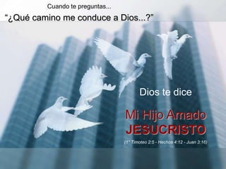 Cuando te preguntas...“¿Qué camino me conduce a Dios...?”Dios te diceMi Hijo AmadoJESUCRISTO(1° Timoteo 2:5 - Hechos 4:12 - Juan 3:16)