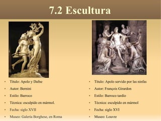 7.2 Escultura




   Título: Apolo y Dafne                 Título: Apolo servido por las ninfas
   Autor: Bernini                        Autor: François Girardon
   Estilo: Barroco                       Estilo: Barroco tardío
   Técnica: esculpido en mármol.         Técnica: esculpido en mármol
   Fecha: siglo XVII                     Fecha: siglo XVI
   Museo: Galería Borghese, en Roma      Museo: Louvre
 