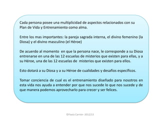 Cada persona posee una multiplicidad de aspectos relacionados con su
Plan de Vida y Entrenamiento como alma.

Entre los mas importantes: la pareja sagrada interna, el divino femenino (la
Diosa) y el divino masculino (el Héroe)

De acuerdo al momento en que la persona nace, le corresponde a su Diosa
entrenarse en una de las 12 escuelas de misterios que existen para ellas, y a
su Héroe, una de las 12 escuelas de misterios que existen para ellos.

Esto dotará a su Diosa y a su Héroe de cualidades y desafíos específicos.

Tomar conciencia de cual es el entrenamiento diseñado para nosotros en
esta vida nos ayuda a entender por que nos sucede lo que nos sucede y de
que manera podemos aprovecharlo para crecer y ser felices.




                             ©Flavia Carrión -2012/13
 