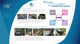 T ESIS                                       Blindados LIGEROS,
OS           R
 DISEÑO Y CONCEPTO

                                         SITUACIÓN ACTUAL
                                                             ANKARA
                                                                                                            PARA EL
                                                                                                                    TRANSPORTE MILITAR.
                                         El transporte de personal militar en operaciones depatrulla
                                         o vigilancia, es realizado en vehìculos de uso civil, no
                                         correspondiente al riesgo latente de la misma actividad             Heridos y bajas                      Pérdidas parciales
                                         en áreas irregulares.                                                  militares
                                                                                                                                                  y totales sobre los
                                                                                                                                                       vehículos




                                                                                                                                  PROBLEMATICAS



                           Al movilizarse estando desprotegidos e indefensos estàn propensos no solo al
                           contacto ambiente por temperaturas extremas, sino a posibles ataques                                                   El personal militar
                           guerrilleros, tales como emboscadas, con artefactos explosivos, de proximidad,      Movilizarse en                      trasnpostado en
                           o armasde largoy mediano alcance                                                  vehículos carentes                   áreas de conflicto
                                                                                                               deprotección                         se convierte en
                                                                                                                                                   carne de caÑón.


                     CONSECUENCIAS DE LOS ACTOS TERRORISTAS SOBRE VEHÍCULOS DE PATRULLA




                     Estos vehìculos (hilx, Luv Dmax,NPR) son de uso civil, no poseen alguna
                     caracterìstica para realizar operaciones militares, representan una vetaja en
                     moviliodad autonomia y rapidez;pero su contraparte puede representar
                     comocopnsecuencia factible “muertos y heridos” en el grupo transportado.
 