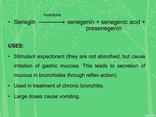 hydrolysis
• Senegin senegenin + senegenic acid +
presenegenin
USES:
• Stimulant expectorant (they are not absorbed, but cause
irritation of gastric mucosa. This leads to secretion of
mucous in bronchioles through reflex action).
• Used in treatment of chronic bronchitis.
• Large doses cause vomiting.
 