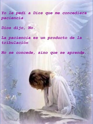 Yo le pedí a Dios que me concediera paciencia Dios dijo, No. La paciencia es un producto de la tribulación No se concede, sino que se aprende. 