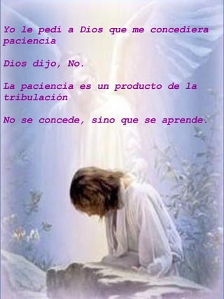 Yo le pedí a Dios que me concediera paciencia Dios dijo, No. La paciencia es un producto de la tribulación No se concede, sino que se aprende. 
