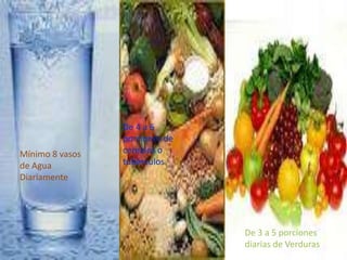 De 4 a 6 porciones de cereales o tubérculosMínimo 8 vasos de Agua DiariamenteDe 3 a 5 porciones diarias de Verduras