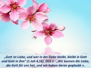 „Gott ist Liebe, und wer in der Liebe bleibt, bleibt in Gott
und Gott in ihm“ (1 Joh 4,16). DCE 1 - „Wir kennen die Liebe,
die Gott für uns hat, und wir haben daran geglaubt ».
 