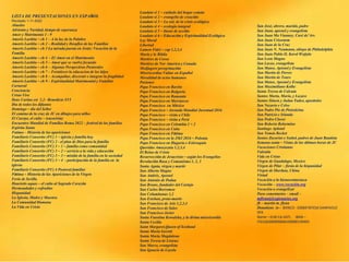 LISTA DE PRESENTACIONES EN ESPAÑOL
Revisado 1-11-2022
Abuelos
Adviento y Navidad, tiempo de esperanza
Amor y Matrimonio 1 - 9
Amoris Laetitia – ch 1 – A la luz de la Palabre
Amoris Laetitia – ch 2 – Realidad y Desafíos de las Familias
Amoris Laetitia – ch 3 La mirada puesta en Jesús: Vocación de la
Familia
Amoris Laetitia – ch 4 - El Amor en el Matrimonio
Amoris Laetitia – ch 5 – Amor que se vuelve fecundo
Amoris Laetitia – ch 6 – Algunas Perspectivas Pastorales
Amoris Laetitia – ch 7 – Fortalecer la educacion de los hijos
Amoris Laetitia – ch 8 – Acompañar, discernir e integrar la fragilidad
Amoris Laetitia – ch 9 – Espiritualidad Matrimonial y Familiar
Carnaval
Conciencia
Cristo Vive
Deus Caritas est 1,2– Benedicto XVI
Dia de todos los difuntos
Domingo – día del Señor
El camino de la cruz de JC en dibujos para niños
El Cuerpo, el culto – (eucarisía)
Encuentro Mundial de Familias Roma 2022 – festival de las familias
Espíritu Santo
Fatima – Historia de las apariciones
Familiaris Consortio (FC) 1 – iglesia y familia hoy
Familiaris Consortio (FC) 2 - el plan de Dios para la familia
Familiaris Consortio (FC) 3 – 1 – familia como comunidad
Familiaris Consortio (FC) 3 – 2 – servicio a la vida y educación
Familiaris Consortio (FC) 3 – 3 – misión de la familia en la sociedad
Familiaris Consortio (FC) 3 – 4 - participación de la familia en la
iglesia
Familiaris Consortio (FC) 4 Pastoral familiar
Fátima – Historia de las Apariciones de la Virgen
Feria de Sevilla
Haurietis aquas – el culto al Sagrado Corazón
Hermandades y cofradías
Hispanidad
La Iglesia, Madre y Maestra
La Comunidad Humana
La Vida en Cristo
San José, obrero, marido, padre
San Juan, apostol y evangelista
San Juan Ma Vianney, Curé de’Ars
San Juan Crisostom
San Juan de la Cruz
San Juan N. Neumann, obispo de Philadelphia
San Juan Pablo II, Karol Wojtyla
San Leon Magno
San Lucas, evangelista
San Mateo, Apóstol y Evangelista
San Martin de Porres
San Martin de Tours
San Mateo, Apostol y Evangelista
San Maximiliano Kolbe
Santa Teresa de Calcuta
Santos Marta, Maria, y Lazaro
Santos Simon y Judaa Tadeo, aposttoles
San Nazario e Celso
San Padre Pio de Pietralcina
San Patricio e Irlanda
San Pedro Claver
San Roberto Belarmino
Santiago Apóstol
San Tomás Becket
Santos Zacarias e Isabel, padres de Juan Bautista
Semana santa – Vistas de las últimas horas de JC
Vacaciones Cristianas
Valentín
Vida en Cristo
Virgen de Guadalupe, Mexico
Virgen de Pilar – fiesta de la hispanidad
Virgen de Sheshan, China
Virtud
Vocación a la bienaventuranza
Vocación – www.vocación.org
Vocación a evangelizar
Para comentarios – email –
mflynn@lcegionaries.org
fb – martin m. flynn
Donations to - BANCO - 03069 INTESA SANPAOLO
SPA
Name – EUR-CA-ASTI. IBAN –
IT61Q0306909606100000139493
Laudato si 1 – cuidado del hogar común
Laudato si 2 – evangelio de creación
Laudato si 3 – La raíz de la crisis ecológica
Laudato si 4 – ecología integral
Laudato si 5 – líneas de acción
Laudato si 6 – Educación y Espiritualidad Ecológica
Ley Moral
Libertad
Lumen Fidei – cap 1,2,3,4
María y la Biblia
Martires de Corea
Martires de Nor America y Canada
Medjugore peregrinación
Misericordiae Vultus en Español
Moralidad de actos humanos
Pasiones
Papa Francisco en Baréin
Papa Francisco en Bulgaria
Papa Francisco en Rumania
Papa Francisco en Marruecos
Papa Francisco en México
Papa Francisco – Jornada Mundial Juventud 2016
Papa Francisco – visita a Chile
Papa Francisco – visita a Perú
Papa Francisco en Colombia 1 + 2
Papa Francisco en Cuba
Papa Francisco en Fátima
Papa Francisco en la JMJ 2016 – Polonia
Papa Francisco en Hugaría e Eslovaquia
Queridas Amazoznia 1,2,3,4
El Reino de Cristo
Resurrección de Jesucristo – según los Evangelios
Revolución Rusa y Comunismo 1, 2, 3
Santa Agata, virgen y martir
San Alberto Magno
San Andrés, Apostol
San Antonio de Padua
San Bruno, fundador del Cartujo
San Carlos Borromeo
San Columbanus 1,2
San Esteban, proto-martir
San Francisco de Asis 1,2,3,4
San Francisco de Sales
San Francisco Javier
Santa Faustina Kowalska, y la divina misericordia
Santa Cecilia
Saint Margaret,Queen of Scotland
Santa Maria Goretti
Santa María Magdalena
Santa Teresa de Lisieux
San Marco, evangelista
San Ignacio de Loyola
 