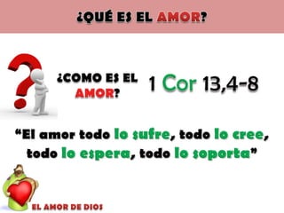 ¿QUÉ ES EL AMOR?1 Cor 13,4-8¿COMO ES EL AMOR?“El amor todo lo sufre, todo lo cree, todo lo espera, todo lo soporta”EL AMOR DE DIOS