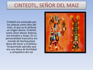 CINTEOTL, SEÑOR DEL MAIZ
Cintéotl era venerado por
los aztecas como dios del
maíz, al que se le atribuía
un origen divino. Cintéotl,
como otros dioses Aztecas,
era hombre y mujer. En su
personalidad masculina era
marido de Xochiquetzal,
diosa del amor y la belleza.
Torquemada opinaba que
era una diosa de fertilidad
y compañera del sol.

 