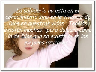 La sabiduría no esta en el conocimiento sino en la vivencia de Dios en nuestras vidas.  Teorías existen muchas,  pero dulzura como la de Dios aun no existe ni en los mejores azucares.   