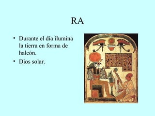 RA Durante el día ilumina la tierra en forma de halcón. Dios solar. 