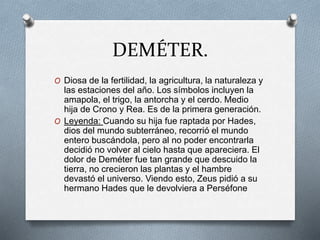 DEMÉTER.
O Diosa de la fertilidad, la agricultura, la naturaleza y
las estaciones del año. Los símbolos incluyen la
amapola, el trigo, la antorcha y el cerdo. Medio
hija de Crono y Rea. Es de la primera generación.
O Leyenda: Cuando su hija fue raptada por Hades,
dios del mundo subterráneo, recorrió el mundo
entero buscándola, pero al no poder encontrarla
decidió no volver al cielo hasta que apareciera. El
dolor de Deméter fue tan grande que descuido la
tierra, no crecieron las plantas y el hambre
devastó el universo. Viendo esto, Zeus pidió a su
hermano Hades que le devolviera a Perséfone
 