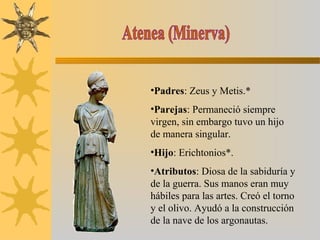 •Padres: Zeus y Metis.*
•Parejas: Permaneció siempre
virgen, sin embargo tuvo un hijo
de manera singular.
•Hijo: Erichtonios*.
•Atributos: Diosa de la sabiduría y
de la guerra. Sus manos eran muy
hábiles para las artes. Creó el torno
y el olivo. Ayudó a la construcción
de la nave de los argonautas.
 