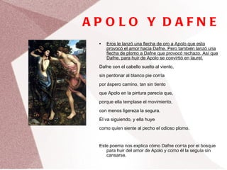 APOLO Y DAFNE Eros le lanzó una flecha de oro a Apolo que esto provocó el amor hacia Dafne. Pero también lanzó una flecha de plomo a Dafne que provocó rechazo. Así que Dafne, para huir de Apolo se convirtió en laurel. Dafne con el cabello suelto al viento, sin perdonar al blanco pie corría por áspero camino, tan sin tiento que Apolo en la pintura parecía que, porque ella templase el movimiento, con menos ligereza la segura. Él va siguiendo, y ella huye como quien siente al pecho el odioso plomo. Este poema nos explica cómo Dafne corría por el bosque para huir del amor de Apolo y como él la seguía sin cansarse. 