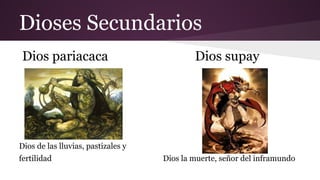 Dioses Secundarios
Dios pariacaca

Dios supay

Dios de las lluvias, pastizales y
fertilidad

Dios la muerte, señor del inframundo

 