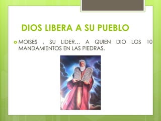 DIOS LIBERA A SU PUEBLO
 MOISES , SU LIDER… A QUIEN DIO LOS 10
MANDAMIENTOS EN LAS PIEDRAS.
 