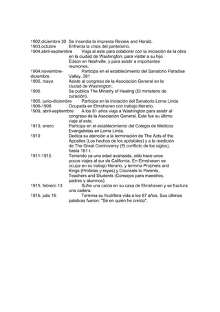 1902,diciembre 30 Se incendia la imprenta Review and Herald. 
1903,octubre Enfrenta la crisis del panteísmo. 
1904,abril-septiembre Viaja al este para colaborar con la iniciación de la obra 
en la ciudad de Washington, para visitar a su hijo 
Edson en Nashville, y para asistir a importantes 
reuniones. 
1904,noviembre- Participa en el establecimiento del Sanatorio Paradise 
diciembre Valley. 381 
1905, mayo Asiste al congreso de la Asociación General en la 
ciudad de Washington. 
1905 Se publica The Ministry of Healing (El ministerio de 
curación). 
1905, junio-diciembre Participa en la iniciación del Sanatorio Loma Linda. 
1906-1908 Ocupada en Elmshaven con trabajo literario. 
1909, abril-septiembre A los 81 años viaja a Washington para asistir al 
congreso de la Asociación General. Este fue su último 
viaje al este. 
1910, enero Participa en el establecimiento del Colegio de Médicos 
Evangelistas en Loma Linda. 
1910 Dedica su atención a la terminación de The Acts of the 
Apostles (Los hechos de los apóstoles) y a la reedición 
de The Great Controversy (El conflicto de los siglos), 
hasta 191 l. 
1911-1915 Teniendo ya una edad avanzada, sólo hace unos 
pocos viajes al sur de California. En Elmshaven se 
ocupa en su trabajo literario, y termina Prophets and 
Kings (Profetas y reyes) y Counsels to Parents, 
Teachers and Students (Consejos para maestros, 
padres y alumnos). 
1915, febrero 13 Sufre una caída en su casa de Elmshaven y se fractura 
una cadera. 
1915, julio 16 Termina su fructífera vida a los 87 años. Sus últimas 
palabras fueron: "Sé en quién he creído". 
