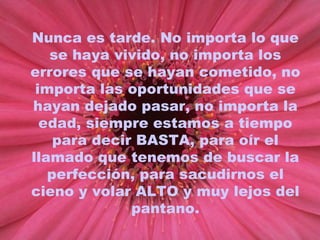 Nunca es tarde. No importa lo que se haya vivido, no importa los errores que se hayan cometido, no importa las oportunidades que se hayan dejado pasar, no importa la edad, siempre estamos a tiempo para decir BASTA, para oír el llamado que tenemos de buscar la perfección, para sacudirnos el cieno y volar ALTO y muy lejos del pantano. 