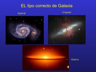 EL tipo correcto de Galaxia
Espiral Irregular
Elíptica
 
