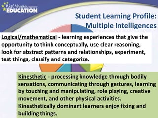 Student Learning Profile:
Multiple Intelligences
Logical/mathematical - learning experiences that give the
opportunity to think conceptually, use clear reasoning,
look for abstract patterns and relationships, experiment,
test things, classify and categorize.
Kinesthetic - processing knowledge through bodily
sensations, communicating through gestures, learning
by touching and manipulating, role playing, creative
movement, and other physical activities.
Kinesthetically dominant learners enjoy fixing and
building things.
 