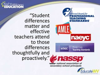 “Student
differences
matter and
effective
teachers attend
to those
differences
thoughtfully and
proactively.”
 