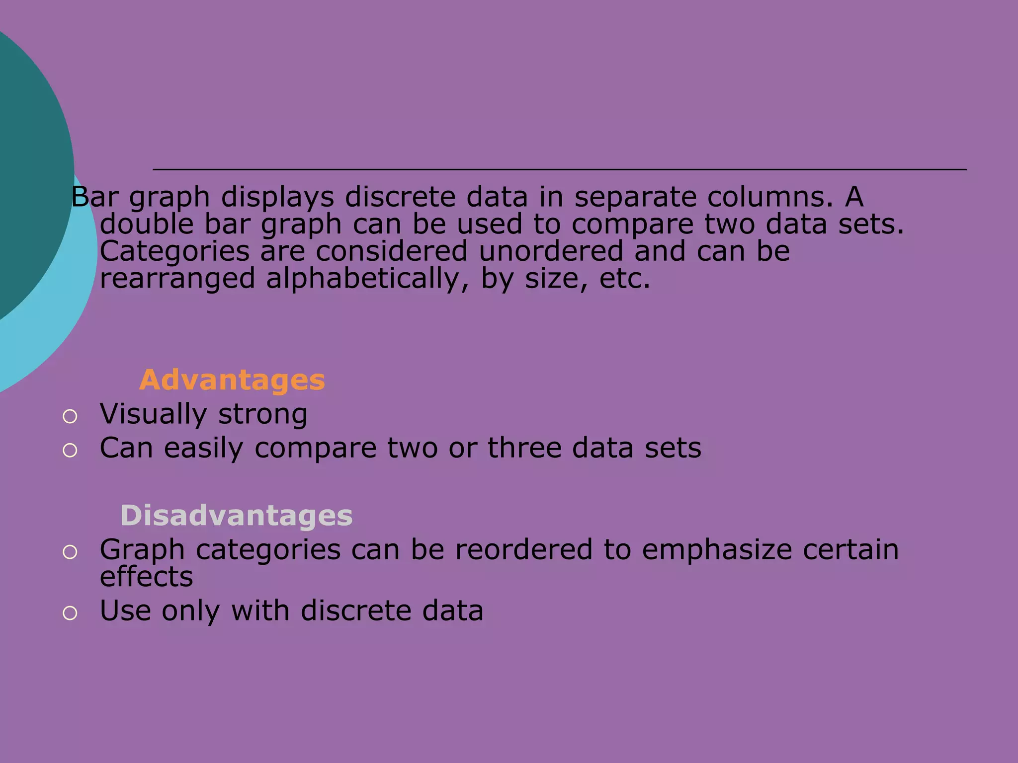 Bar graph displays discrete data in separate columns. A
  double bar graph can be used to compare two data sets.
  Categories are considered unordered and can be
  rearranged alphabetically, by size, etc.


       Advantages
   Visually strong
   Can easily compare two or three data sets

     Disadvantages
   Graph categories can be reordered to emphasize certain
    effects
   Use only with discrete data
 