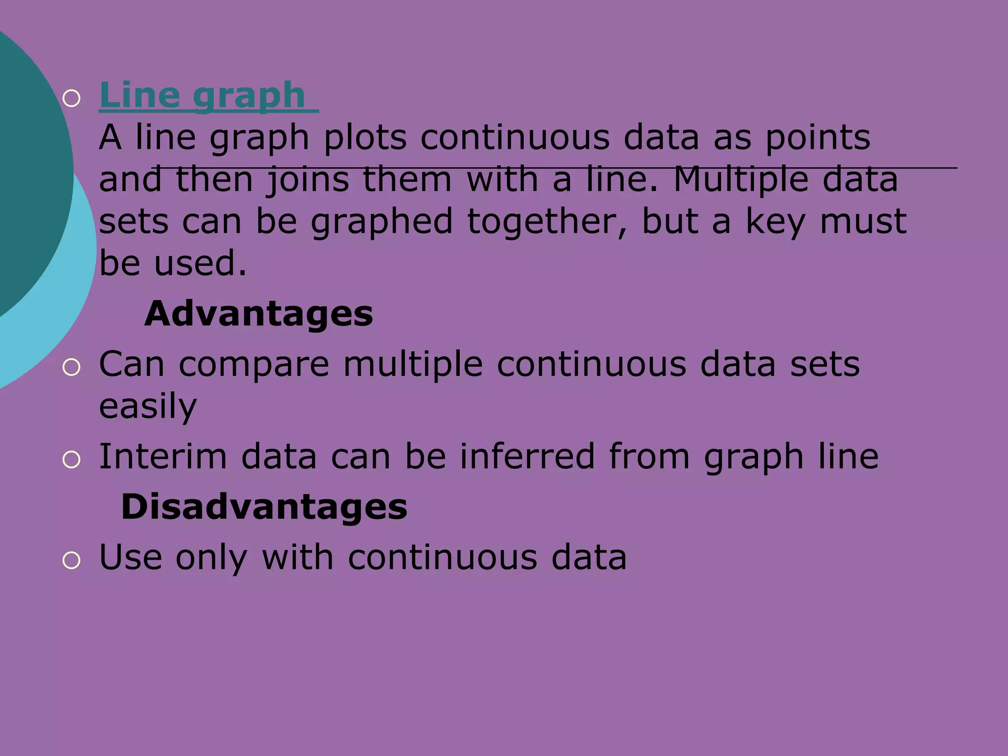    Line graph
    A line graph plots continuous data as points
    and then joins them with a line. Multiple data
    sets can be graphed together, but a key must
    be used.
       Advantages
   Can compare multiple continuous data sets
    easily
   Interim data can be inferred from graph line
     Disadvantages
   Use only with continuous data
 